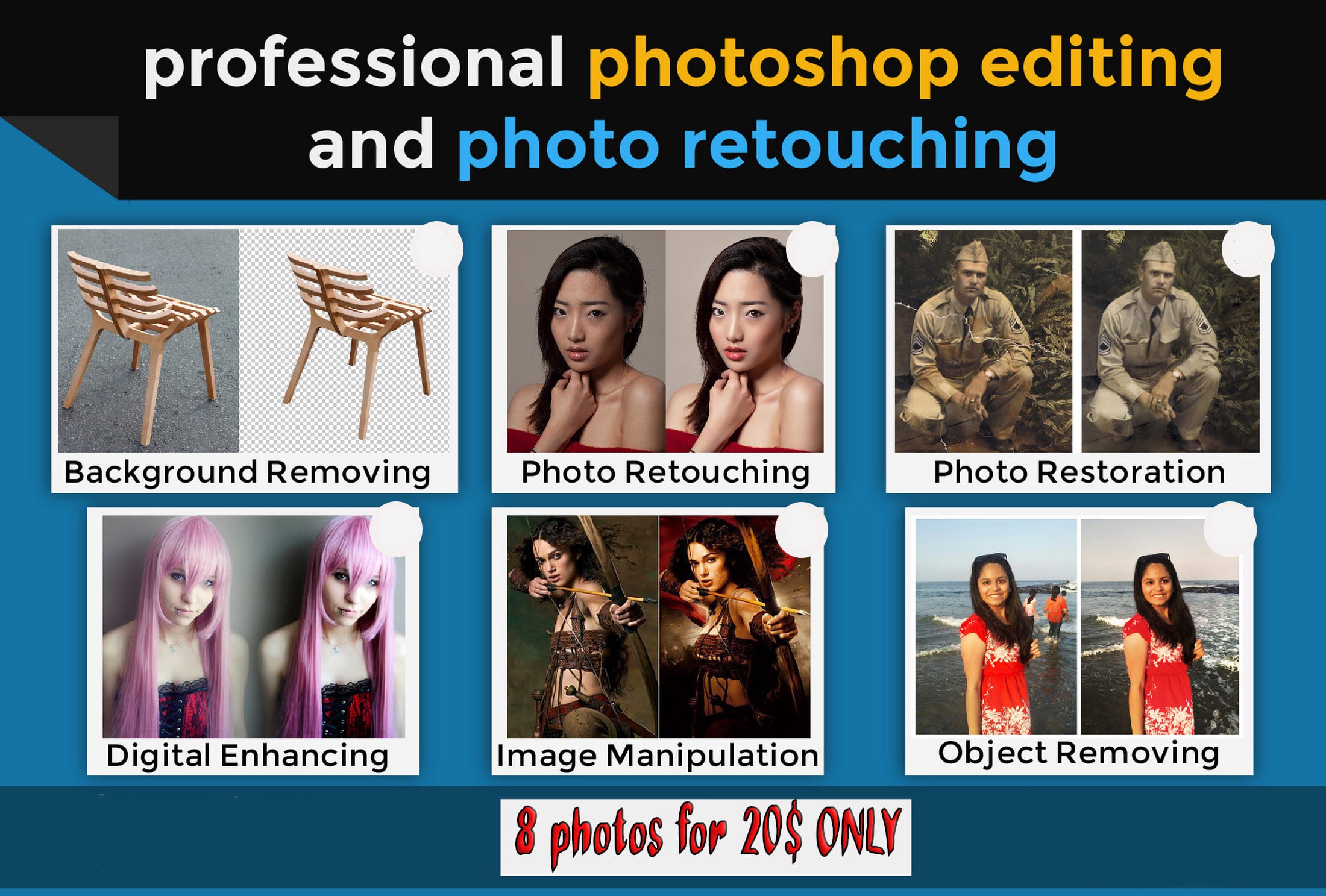 I will do photoshop retouching and editing photos